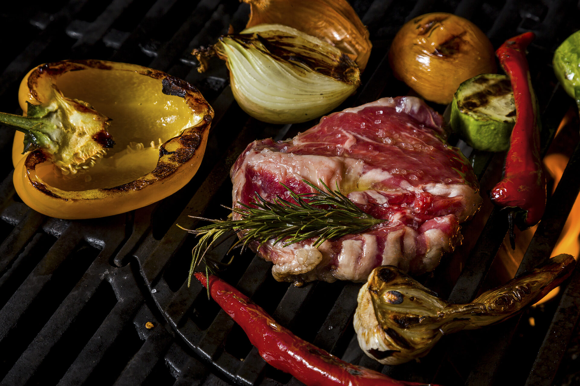 Grilled raw pork meat with rosemary, garlic, onion, pepper, zucchini, tomatoes lying on the smoldering coals. Horizontal orientation